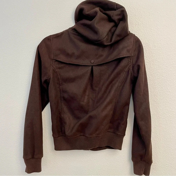 OBEY Rebel Yell Fleece Juniors Brown Faux Cracked Leather Zip Up Hooded Jacket. - Picture 3 of 14